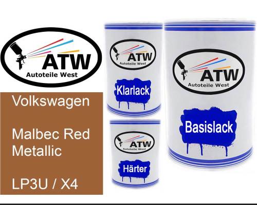 Volkswagen, Malbec Red Metallic, LP3U / X4: 500ml Lackdose + 500ml Klarlack + 250ml Härter - Set, von ATW Autoteile West.